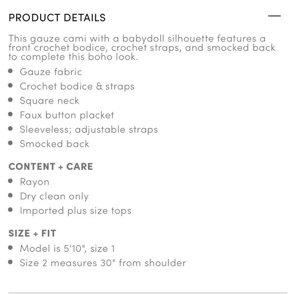 NWOT TORRID Light Pink Gauze n Crochet Button Babydoll Cami - Picture 10 of 11